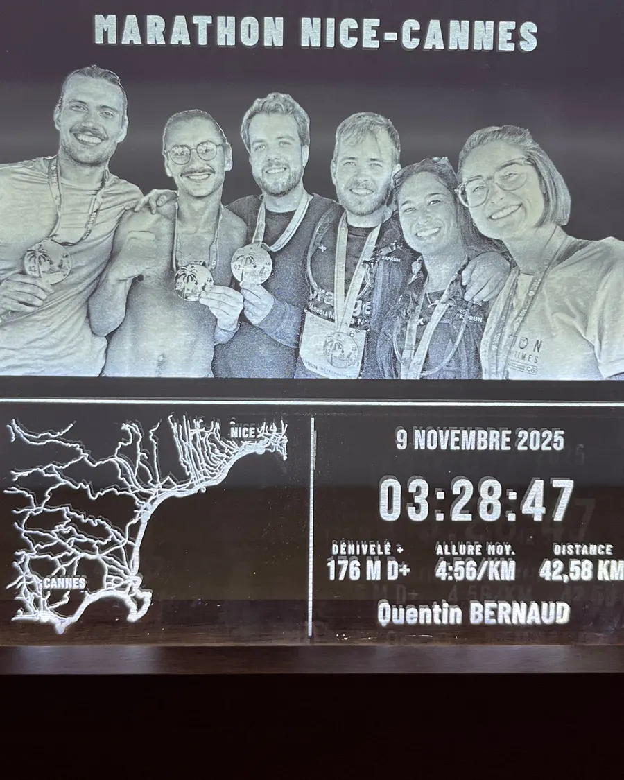 Gros plan sur la gravure : visages des coureurs, tracé du parcours, chrono et statistiques