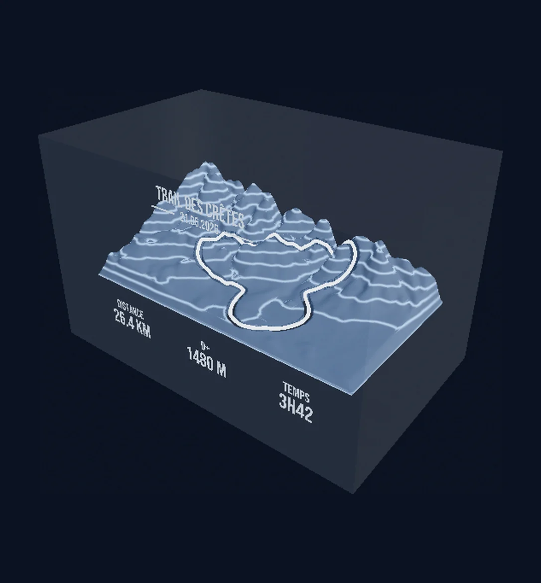 Exemple de rendu 3D du Relief : le Trail des Crêtes sculpté en relief dans un bloc de cristal, tracé lumineux, distance, D+ et temps gravés